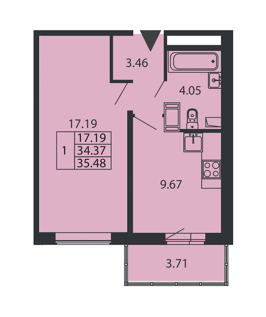 1-комнатная квартира 34.37 м², 4/12 эт., ЖК «Полис ЛАВрики»